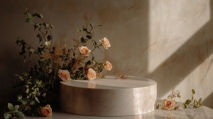Poster - Soft light illuminates a circular marble pedestal adorned with roses and greenery in a serene setting