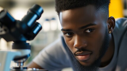 Poster - Young scientist examining samples with a microscope in a laboratory setting during daylight hours