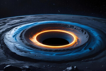 Wall Mural - A black hole with a glowing orange ring on the surface of a desolate planet.