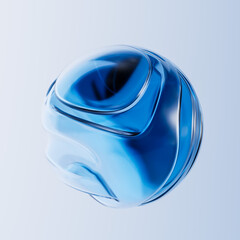 Poster - Abstract fluid, futuristic, organic form poster design element. Blue gradient glass orb with flowing wavy indentations, 3D rendering.
