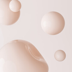 Poster - Cosmetic branding concept, beauty product presentation mockup 3d rendering. Cream Liquid beige spheres and drops levitation abstract background