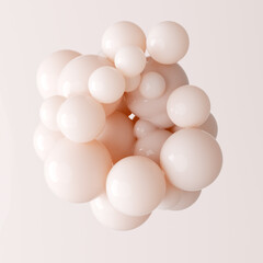 Poster - Cosmetic branding concept, beauty product presentation mockup 3d rendering. Cream Liquid beige spheres and drops levitation abstract background