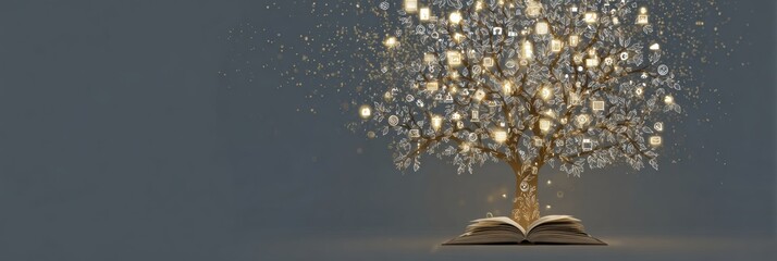 Poster - Knowledge Tree With Glowing Leaves Shaped Like Icons Illuminates Open Book in a Dark Setting