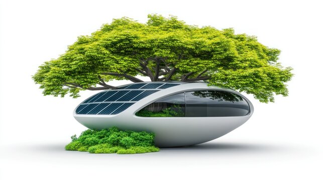 Futuristic eco-friendly dwelling integrated with a large tree and solar panel, set against a white background