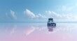 © LELISAT - Under a bright blue sky with fluffy clouds, a car embarks on a vibrant journey across a reflective pink surface, its luggage securely fastened to the roof rack