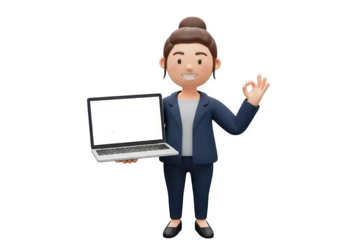 Cartoon woman holding laptop and making ok gesture isolated on transparent background