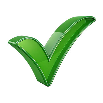 A green check mark with a glossy finish isolated on a black background in a rendered image style