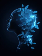 Poster - Glowing Mind Icon Surrounded by Leaves Representing Recovery and Renewal in a Serene Environment