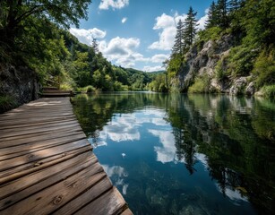 Poster - Serene Natural Landscape with Reflections, Clear Water, Rock Formations, and Lush Greenery in a Tranquil Setting Under a Bright Blue Sky