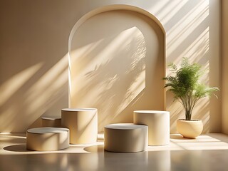 Poster - Beige podiums and archway with plant casting shadows in studio