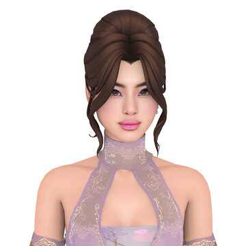 Beautiful young brunette Asian woman with her hair up, wearing a pink ball dress, isolated portrait