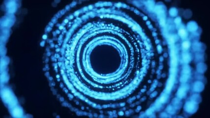 A blue abstract vortex exhibiting circular motion, formed by radiant particles in the cosmos. The particles spin and illuminate as they travel in circular patterns, enhanced by a glow effect and depth