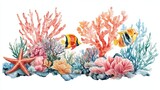 Watercolor Coral Reef. Hand Drawn Corals, Fishes, Starfish in Subsea World