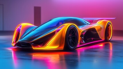 Fototapete - cutting edge vehicle concept stands in contemporary setting, featuring hovering design illuminated vibrant neon flow lines emphasizing its aerodynamic shape and futuristic technology