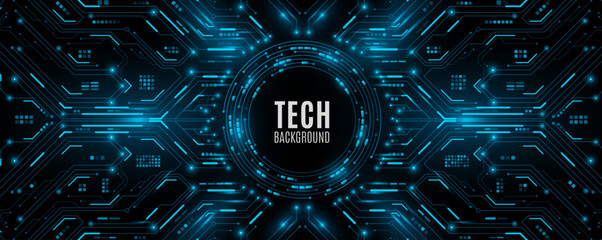 Poster - Modern technology background. Glowing blue circuit lines and electronics elements on black backdrop. Digital circuit board with electronic system for UI and GUI interface design. Vector illustration.