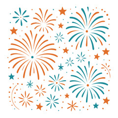 Poster - Illustration of festive fireworks and stars in teal and orange colors on white background