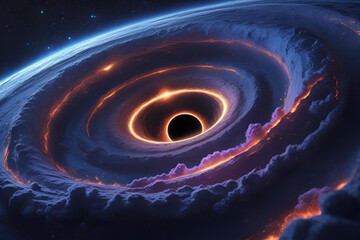 Wall Mural - A massive cosmic vortex with glowing orange rings on the edge of a planet's atmosphere.