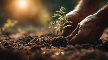 Aufkleber - Hands Planting a Young Tree Surrounded by Glowing Soil Under a Warm Sun in a Peaceful Outdoor Setting