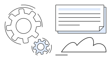 Wall Mural - gears in motion reflect process optimization, positioned near a document for organization and a clou