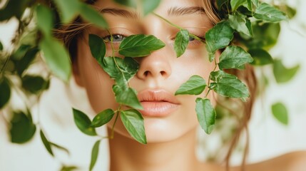 Poster - Woman with natural beauty surrounded by green leaves in a serene, indoor environment during daylight