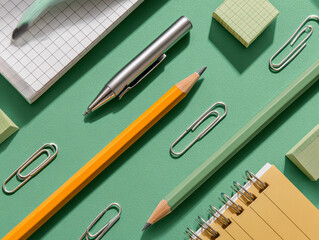 Poster - Neatly organized stationery set on green background, including pencils, paper clips, silver pen, scissors - AI-Generated