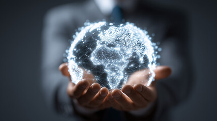 Aufkleber - A man holds a globe that connects a network of information forwarding to the world, quick and easy forwarding information. And network connection a black background.