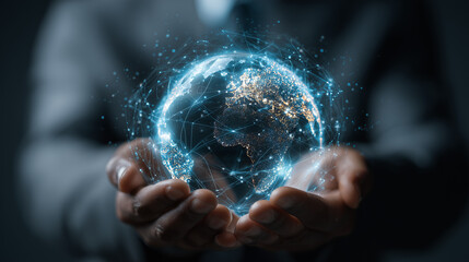 Aufkleber - A man holds a globe that connects a network of information forwarding to the world, quick and easy forwarding information. And network connection a black background.