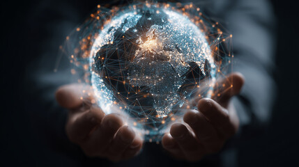 Aufkleber - A man holds a globe that connects a network of information forwarding to the world, quick and easy forwarding information. And network connection a black background.