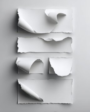 White Paper Curled Edge. Collection of Blank Paper Scraps with Torn Edges for Digital Collage