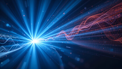 Fototapete - Radiating blue light streaks and flowing red waveforms create a dynamic abstract background for science and technology designs.