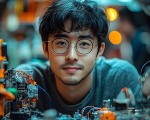Poster - A passionate Chinese entrepreneur assembling a robotic prototype in a vibrant startup incubator
