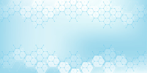 Poster - Health care or medical abstract background with hexagons, lines and dots. Scientific innovation banner template concept. Biology and pharmaceutical technology background. Vector illustration.