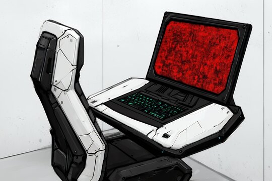 Futuristic Pixel Art Workstation with Red Screen Laptop