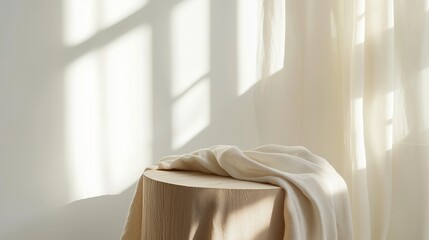 Poster - Soft natural light filters through curtains, highlighting a cozy scene in a minimalistic interior with a draped fabric