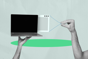 Aufkleber - Creative trend artwork design 3D collage sketch of computer technology online internet virtual hand hold laptop hacking data information