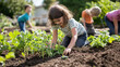 © Supawit - A community garden with families planting vegetables together, with children excited to help, fresh soil, and green plants creating a lively and nurturing space. —ar 16:9