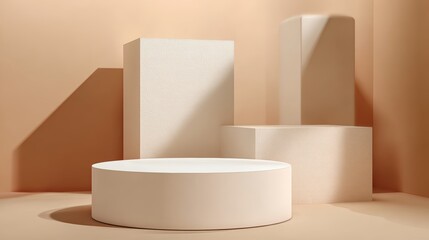 Poster - Minimalist podium scene with abstract shapes against a beige wall, ideal for product display.