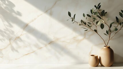 Poster - Natural light casting shadows on elegant vases with greenery against a marble backdrop in a serene setting