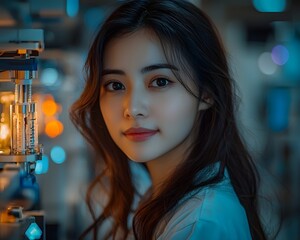 Poster - Portrait of a focused woman entrepreneur in a high tech lab testing a medical device