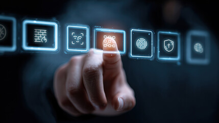 Poster - Person interacts with digital interface displaying security icons, highlighting cybersecurity concepts
