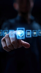 Poster - Person interacts with digital interface, selecting glowing shield icon, symbolizing cybersecurity and data protection