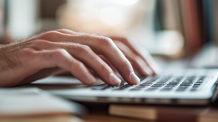Poster - Person typing on a laptop in a cozy workspace with soft lighting during the afternoon