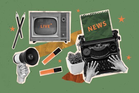 Image pop 3d zine full collage of hands type retro typewriter machine novelist news paper sheet television reportage megaphone marker