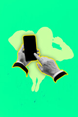 Aufkleber - 3D photo collage artwork of symbol hand body language finger gesture hand hold smartphone touchscreen silhouette female stand blogger