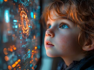 Poster - A young researcher testing a holographic weather simulation in a next gen climate laboratory