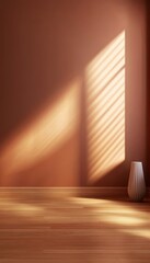 Poster - Minimalist Room with Wood Floor and Sunlight Casting Unique Shapes, Artistic Ambiance and Texture