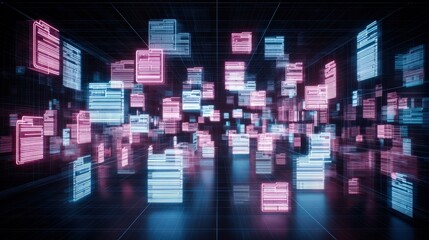 Poster - abstract network grid with files and folders, futuristic software interface, digital document manage