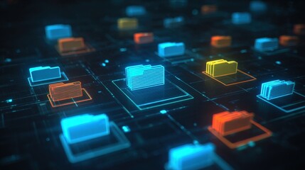 Poster - abstract network grid with files and folders, futuristic software interface, digital document manage