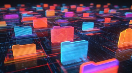 Poster - abstract network grid with files and folders, futuristic software interface, digital document manage