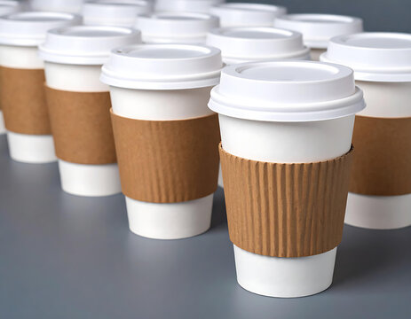 Row of Disposable Coffee Cups with White Lids